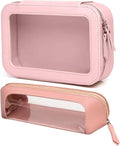 Skiennix Waterproof Makeup Bag - 2 Pack Portable Travel Cosmetic Organizer | Clear Vinyl Windows & Zippers (Pink)