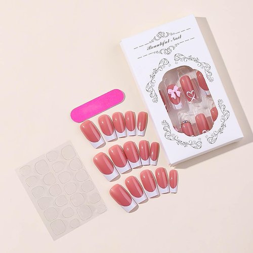 RikView Long Press on Nails Pink Fake Nails French Tips Nails Square Nails Glossy Full Cover Nails for Women 24 PCs/Set