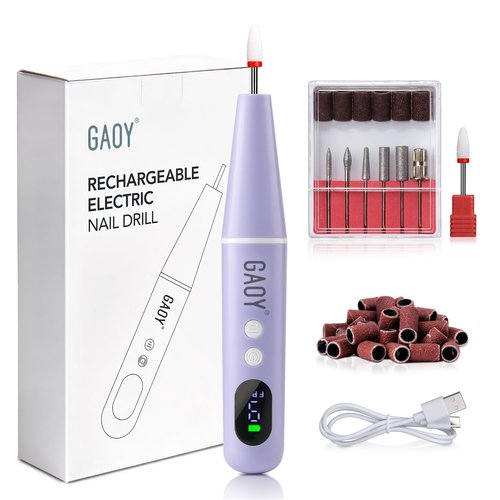 GAOY Cordless Electric Nail File, Nail Drill with LED Display for Acrylic Gel Nails, Hand Feet Trimmer Buffer Tool, Violet Purple