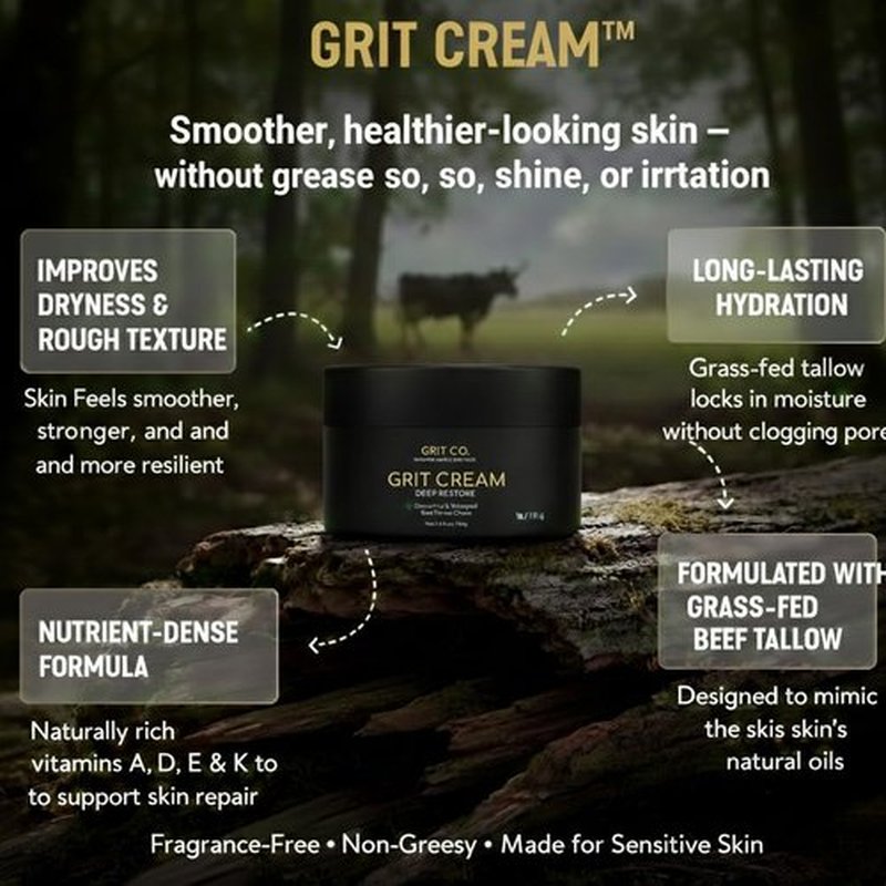 GRIT CO. Beef Tallow for Skin Anti-Aging Men's Face Cream – Grass-Fed Tallow Moisturizer for Men – Unscented Whipped Wrinkle Balm 3.4 oz