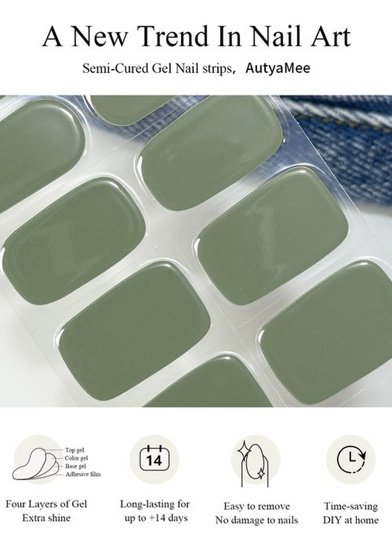 AutyaMee Semi Cured Gel Nail Strips (Army Green), 20 Pcs Gel Nail Wraps, Stickers, Salon Quality, Long Lasting, Works with Any Lamps
