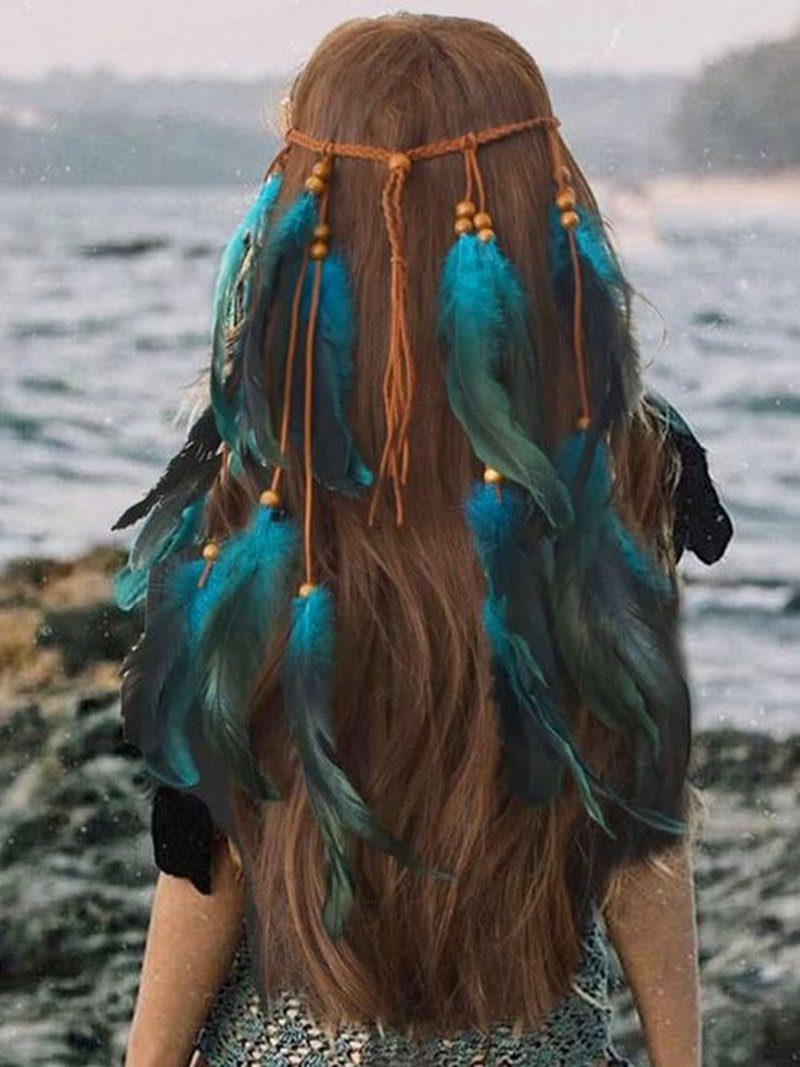 GORTIN Boho Feather Headband Hippie Headpiece Gypsy Indian Costume Headdress Hair Accessory for Women (A-Blue, One size)