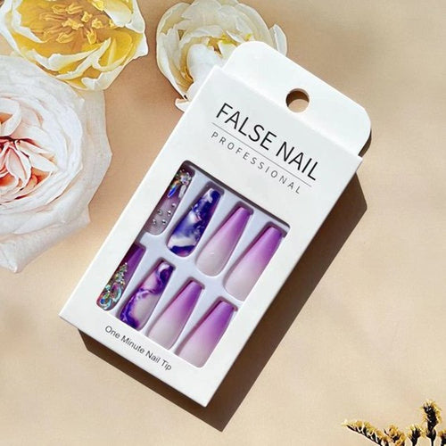 24 Pcs Press on Nails Long, Violet Fake Purple Full Cover False Nails with Rhinestone Designs Extra Long Glue on Nails Acrylic Nails for Women and Girls