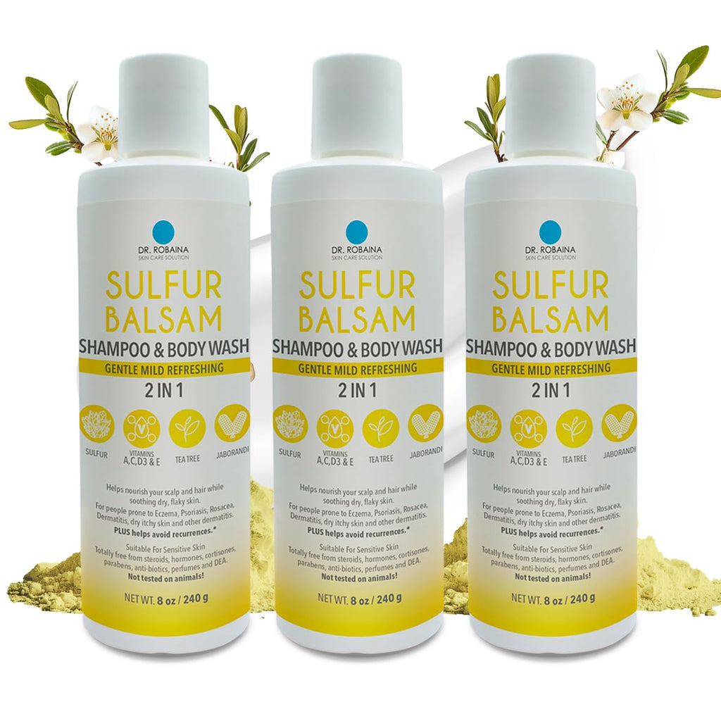 Dr. Robaina Sulfur Shampoo & Body Wash – Helps Soothe Dandruff, Seborrheic Dermatitis, Folliculitis & Itchy Scalp – Color-Safe, SLS-Free, Citrus-Mint Scent, 8 fl oz - Made in the USA