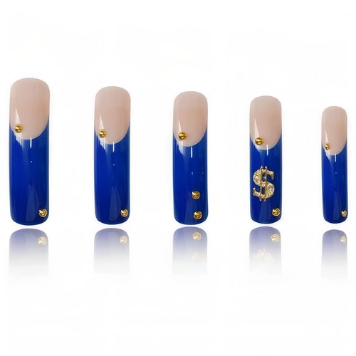 Rchovsam xl Long Press on Nails Square French Tip Fake Nail 3D Godlen Designs False Nails Press Ons French Blue Stick on Nails Full Cover Artificial Nail Gift for Women 24pcs