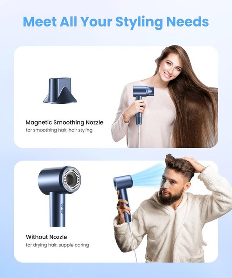 LAMPICK Hair Dryer, Ionic Blow Dryer, Professional High-Speed Hairdryer with 150,000 RPM Motor for Fast Drying, 5 Temps/3 Speeds Lightweight Hairdryer with Magnetic Nozzle for Home Travel Women Man