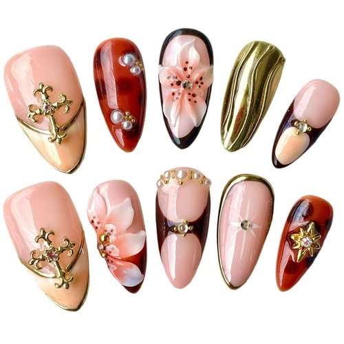 Handmade Press On Nails Medium Almond 10 Unique 3D Floral Designs Gold Filigree Crosses Caramel-Brown & Peach Blossoms | Reusable Acrylic False Nails for Women (Brown, L Size)
