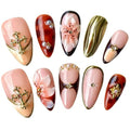 Handmade Press On Nails Medium Almond 10 Unique 3D Floral Designs Gold Filigree Crosses Caramel-Brown & Peach Blossoms | Reusable Acrylic False Nails for Women (Brown, L Size)
