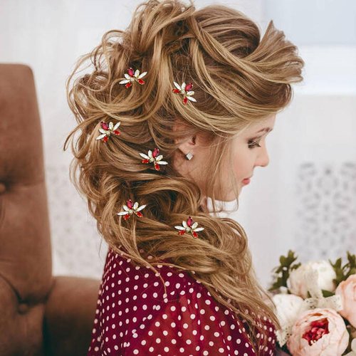 Dizila 7 Pieces Decorative Red Party Prom Wedding Bridal Rhinestone Hair Side Comb+U-shaped Hair Pins Accessories for Women Girls Brides Bridesmaids