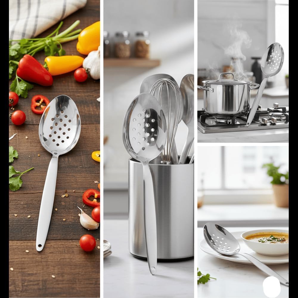 BNAZIND Chef Kunz Perforated Spoon | 9 Inch Silver 18/10 Stainless Steel Plating, Basting, Quenelle, Plating Spoon for Draining and Serving, Dishwasher Safe (Perforated)