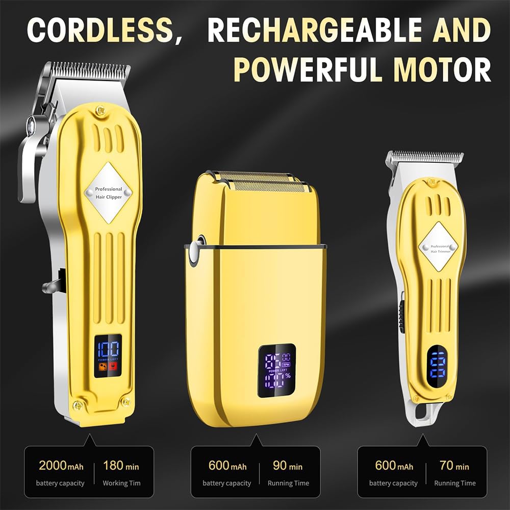 Roziapro Hair Clippers for Men Zero Gapped T-Blade Trimmer Rechargeable Foil Shavers Professional Hair Cutting Kit (Gold)
