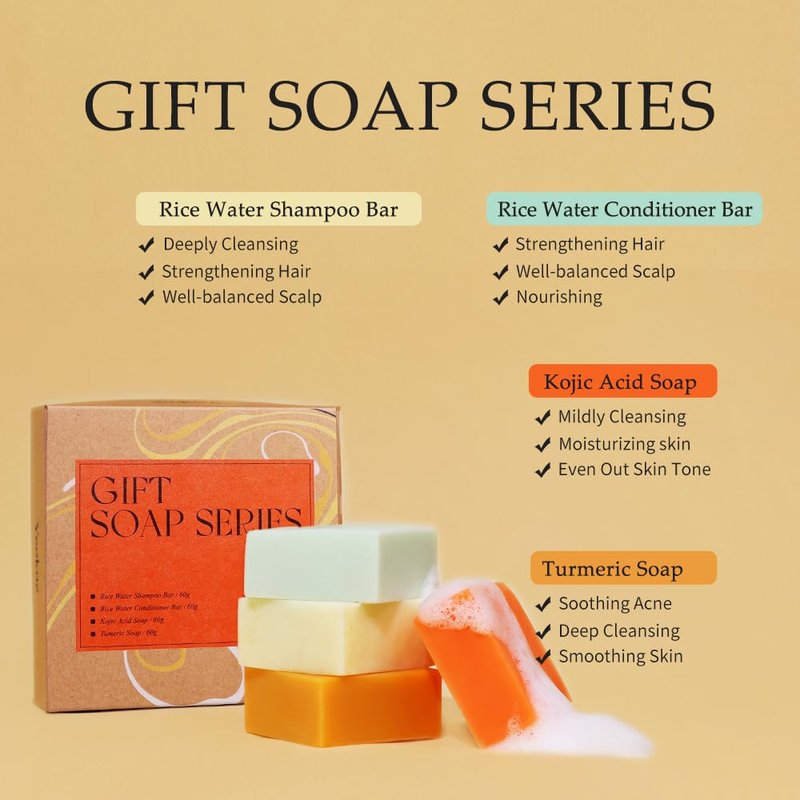 Yeokoe Turmeric Soap Bar & Rice Water Shampoo Conditioner Set - Deep Cleansing, Spa Gift for Women
