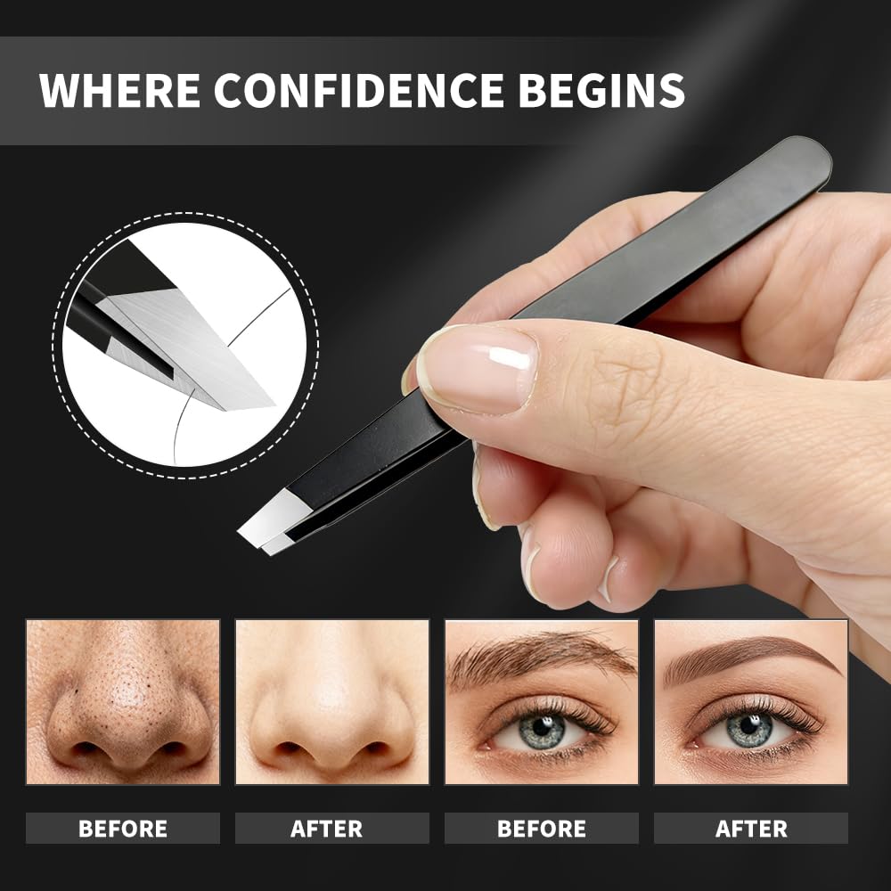 ADULAHI Professional Slant Tweezers for Eyebrows & Facial Hair - Precise Aligned Carbon Stainless Steel Remover with Storage Case(Black)