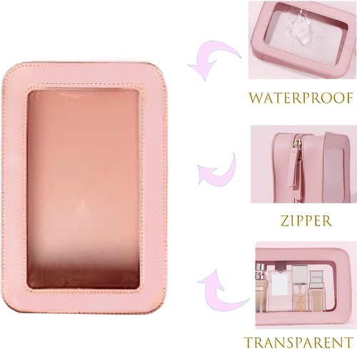Skiennix Waterproof Makeup Bag - 2 Pack Portable Travel Cosmetic Organizer | Clear Vinyl Windows & Zippers (Pink)
