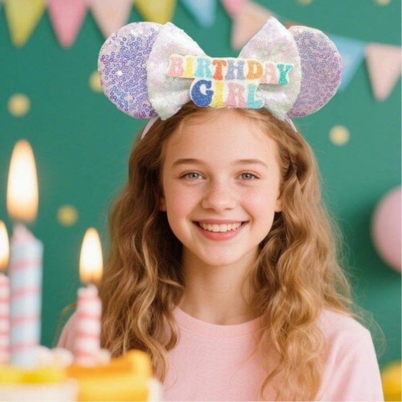 Qckarobe Birthday Mouse Ears Headband, Sequin Birthday Ears Headbands for Women Girls Adults Shiny Bow Mouse Ears Hairband Party Decorations