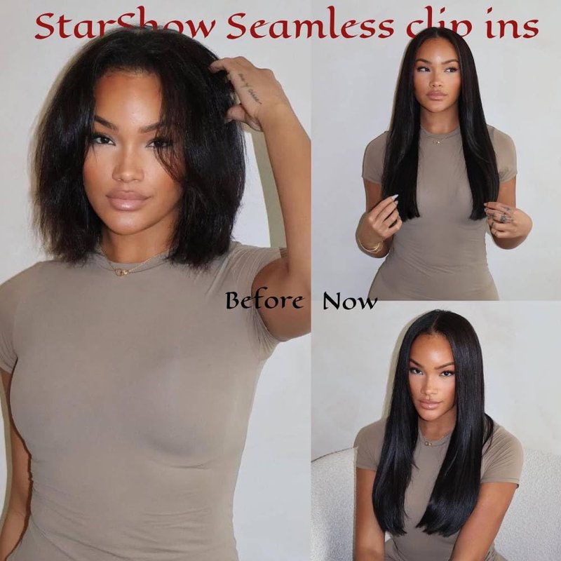 Yaki Straight Seamless Human Hair Clip in Extensions Full Max with 100% Real Soft Human Remy Human Hair Yaki Straight Clip Ins 7Pcs Per Set Natural Black (Yaki Stright, 16Inch)