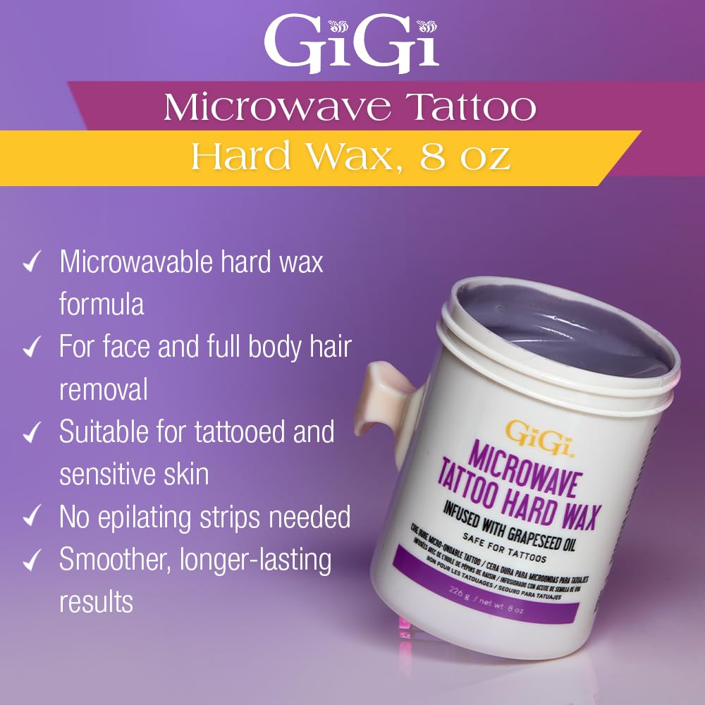 GiGi Microwave Tattoo Hard Wax for Hair Removal - Grapeseed Oil-Infused Safe for Tattoos, No Strips Needed, 8 oz