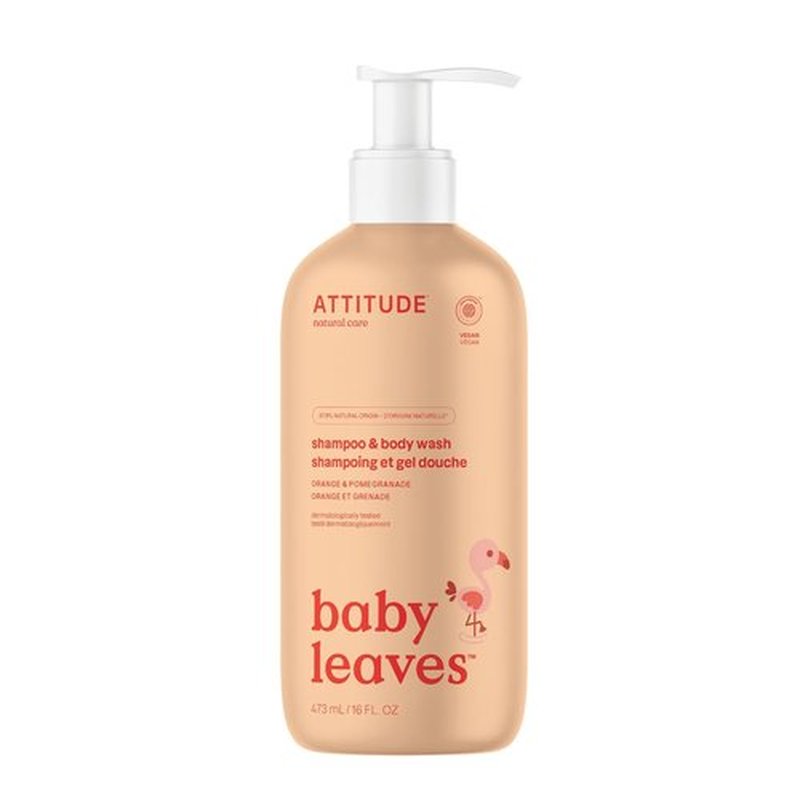 ATTITUDE 2-in-1 Baby Shampoo & Body Wash - EWG Verified, Vegan Formula, Orange & Pomegranate, 16 Fl Oz