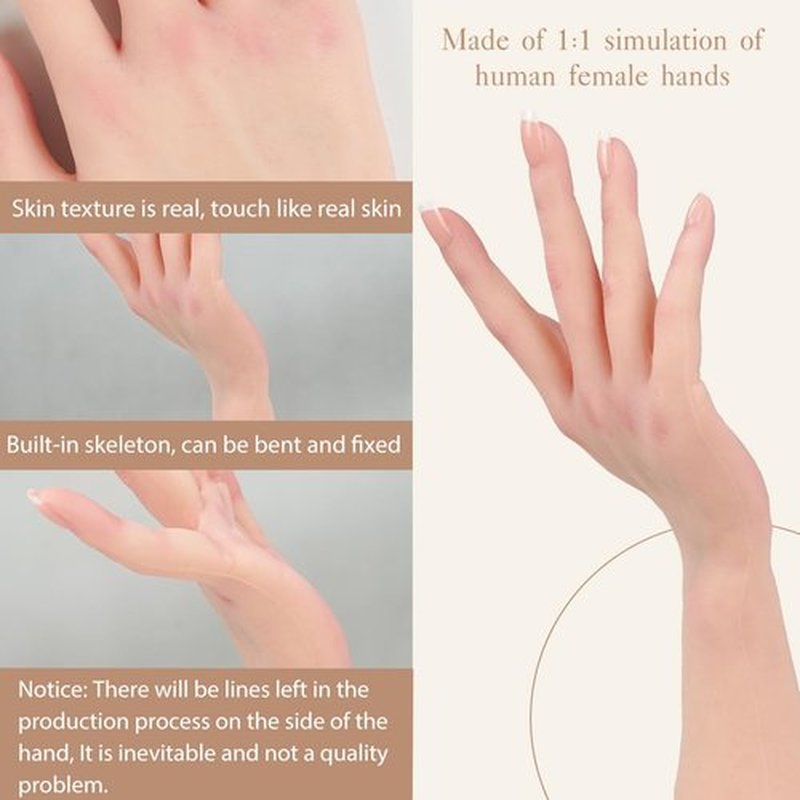 KUMIHO Realistic Silicone Female Hand Model - Fake for Jewelry Display, Tattoo Training, Practice Art Sketch With Nails, Right Hand With Skeleton, Brown