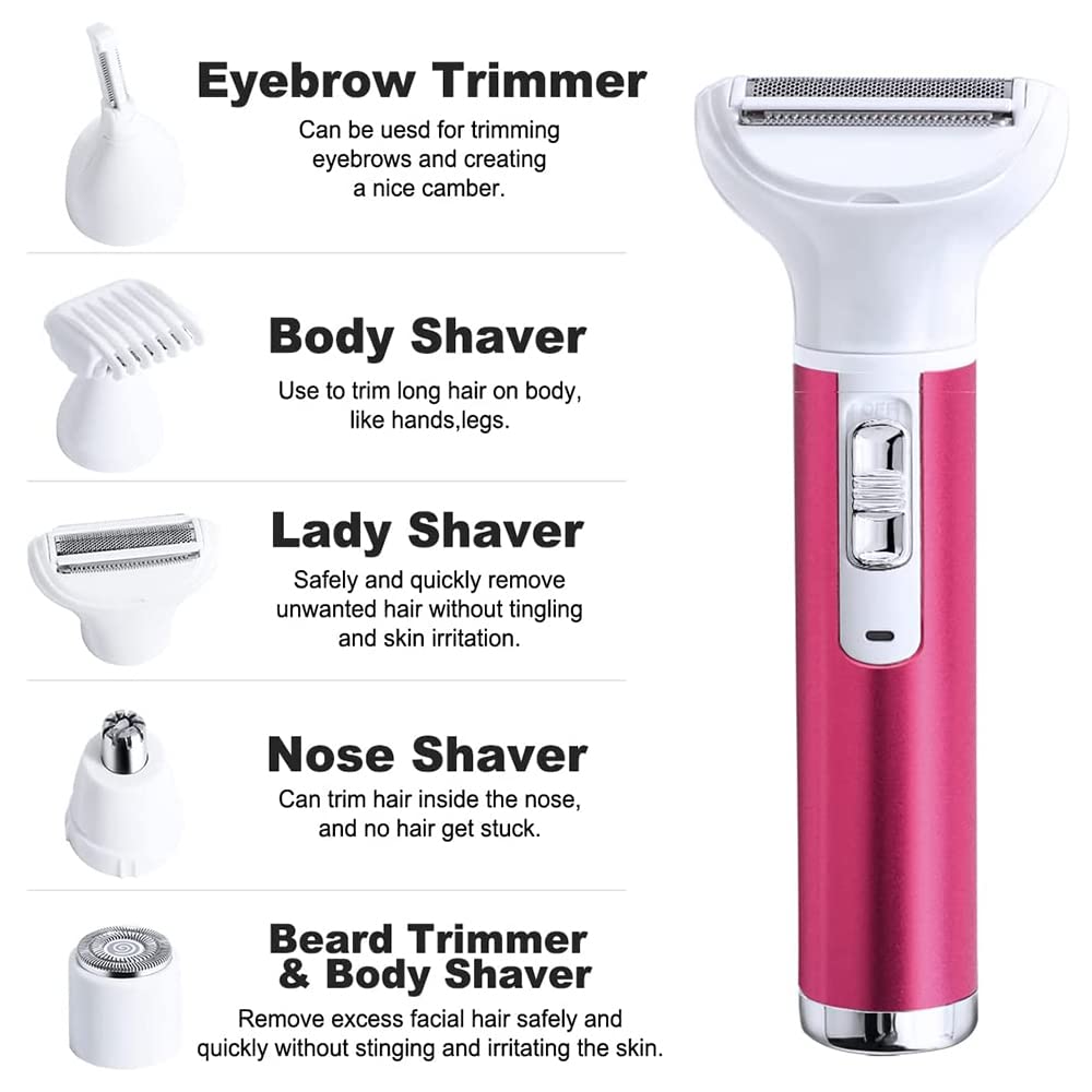 5 in 1 Electric Razor for Women Removal for Body Nose Hair Trimmer Face Shavers Eyebrow Legs Armpit Bikini Area Pubic Underarms Painless Rechargeable Portable Facial Hair Removal