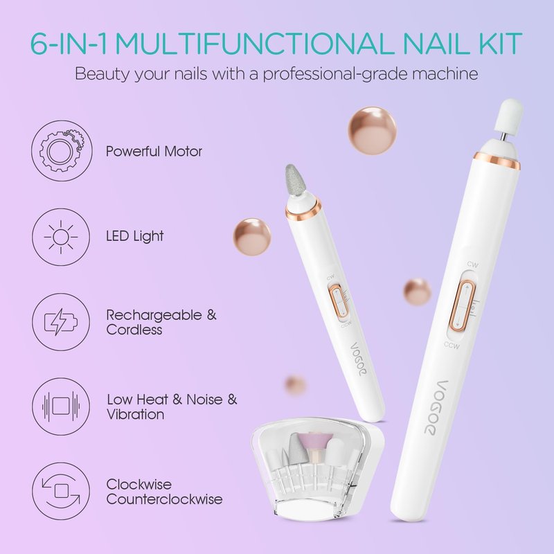 VOGOE Electric Nail Drill, Cordless Nail File Machine Kit 2 Directions & Speeds for Acrylic, Gel Nails, Rechargeable with LED & 6 Nail Drill Bits for Professional Manicure and Pedicure,Gold ND310