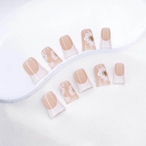 Duck Press on Nails Short Handmade 3D Unique Flower Fake Nails White French Tip False Nails with Designs Thick and Muti-Layer Gel Acrylic Nails Glossy Glue on Nail for Women (Size S)