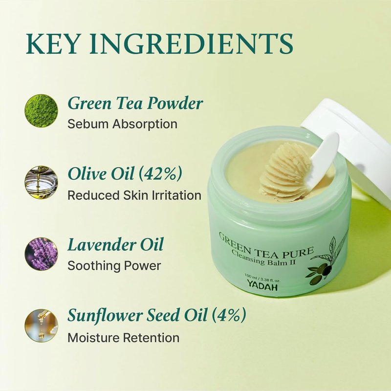 YADAH Green Tea Matcha Cleansing Balm II - Gentle Makeup Remover for Sensitive Skin | 3.38 fl oz, Vegan & Hydrating