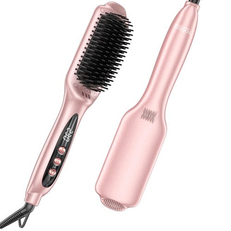 LANDOT Ionic Hair Straightener Brush for Smooth & Shiny Hair, Dual Voltage Ceramic Straightening Brush with 12 Adjustable Heat Settings 250°F-450°F, Elegant Gift for Women, Rose Gold