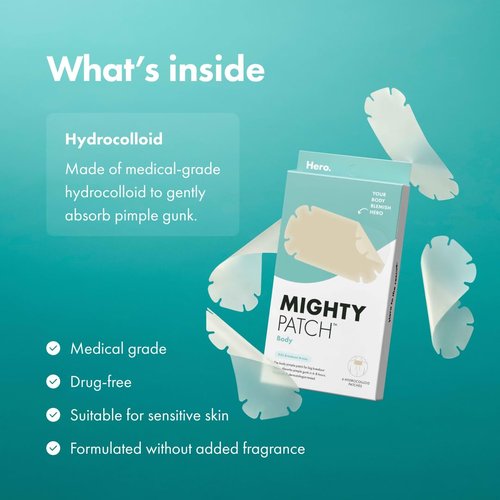 Mighty Patch Hero Cosmetics Body Patch– The XXL Hydrocolloid Patch for Bacne, Chestne, and Other Body Breakouts. Derm-Tested. Medical-Grade Hydrocolloid. Absorbs Pimple Gunk in 6-8 Hours. 4ct