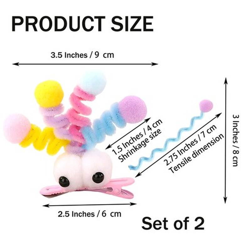 MIUPOO Fluffy Pom Poms Hair Clips,Crazy Hair Day Accessories for Girls,Quirky Little Monster Barrettes,Plush Duckbill Hairpins Hair Barrettes,Party Modeling Hair Accessories,2 Pieces,Pink eyes