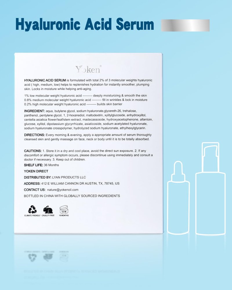 Yoken EWG Verified Hyaluronic Acid Serum for Face 8 + 2 fl oz, Vitamin B5 & Triple Pure Hyaluronic Acid 2%, hydrating Facial Serum for refined texture Hydrating Serum Plump Dry Skin Fragrance-Free
