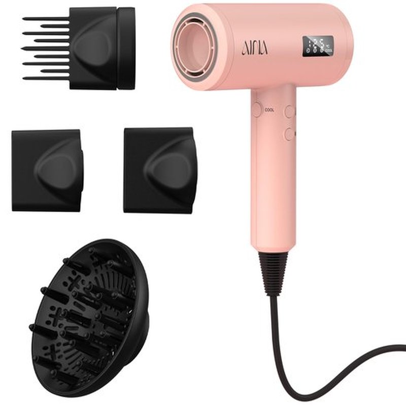 AINA Pro Salon Hair Dryer(New tech),2000W Blow Dryer with Diffuser Comb for Women | BLDC Hair Dryer | Brushless Motor 150,000 RPM | Ionic | LED Display | 4 Magnetic Attachments 110V/ALCI(Baby Pink)