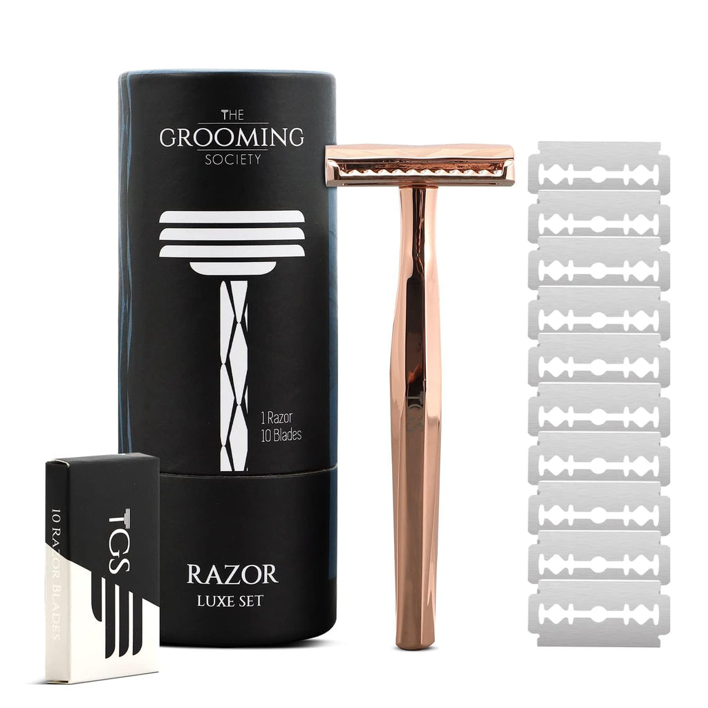 The Grooming Society Double Edge Safety Razor, Classic for Men and Women, Reusable Safety Razor, Metal Long Handle Safety Razor, 10 Blade Refill
