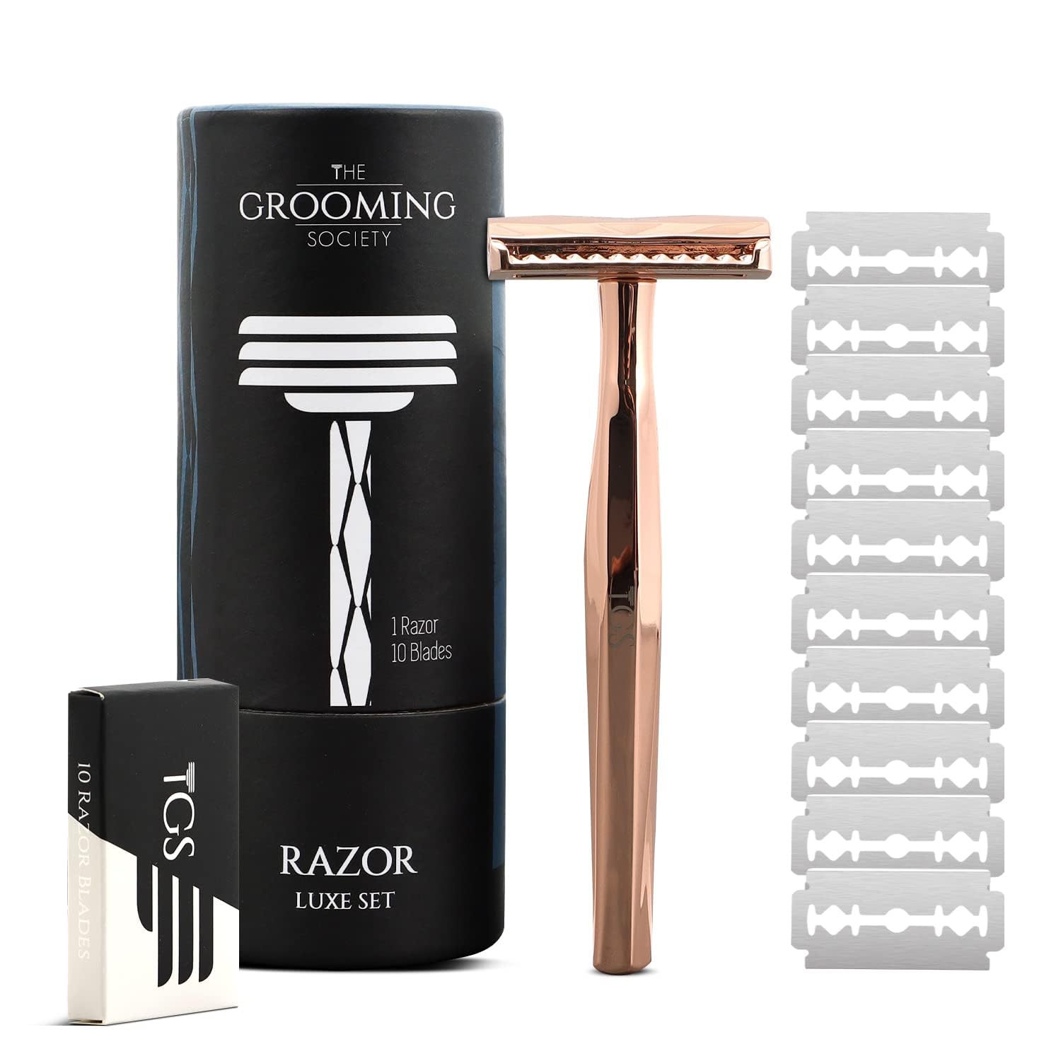 The Grooming Society Double Edge Safety Razor, Classic for Men and Women, Reusable Safety Razor, Metal Long Handle Safety Razor, 10 Blade Refill