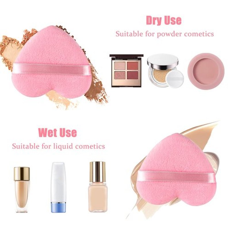 Skiennix Heart Shape Makeup Puff - Soft Velour Cosmetic Blender for Loose Powder | 6 Pieces, Pink