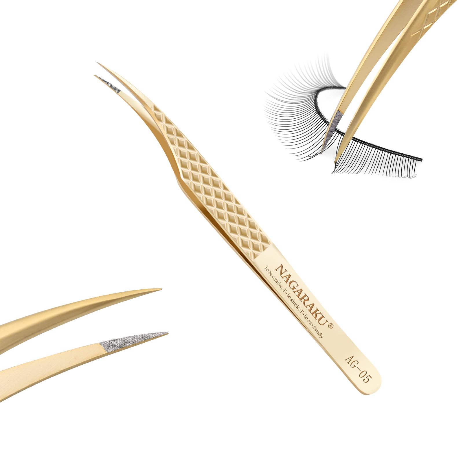NAGARAKU Precision Fiber Tip Grip Tweezer for Eyelash Extensions Diamond Handle Anti-Static Anti-Slip Premium Gold Stainless Steel Eyelashes Curved Tweezers Supplies with Box(Dolphin Tweezer AG-05)