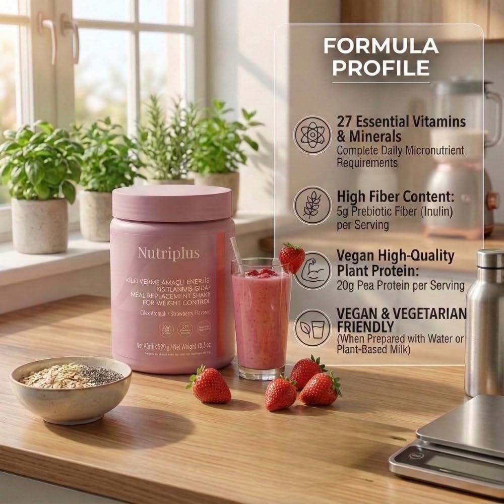 FARMASi Nutriplus Meal Replacement Shake, Plant Based Protein Powder with 27 Vitamins and Minerals, High Fiber Nutrition Drink Mix, Gluten-Free, Low Calorie Weight Control Powder, 18.3 oz, Strawberry