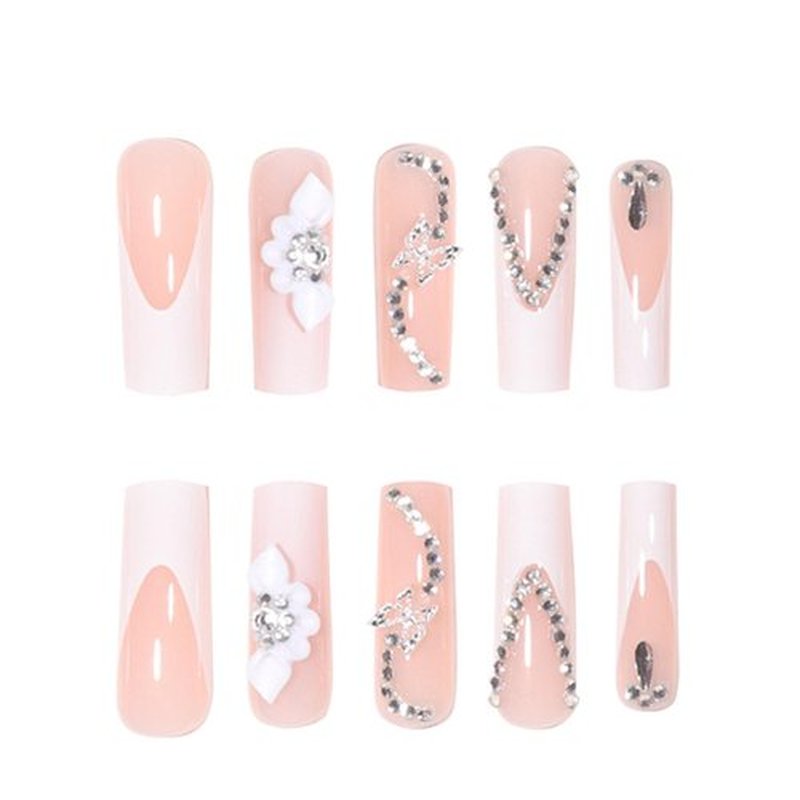 DANMANR Fake Nails Butterflies Long Press on Coffin Nails Crystal Full Cover Acrylic French Shiny Fake Nails for Women and Girls 24PCS