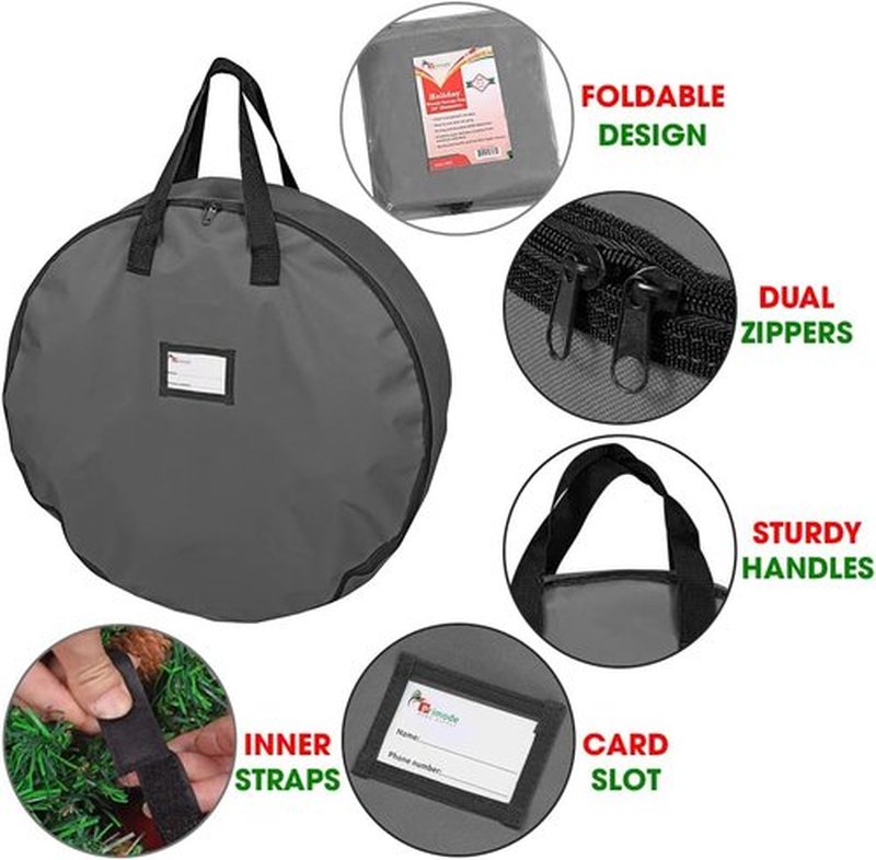 Primode Heavy Duty Christmas Wreath Storage Bag - Durable 600D Oxford Polyester, 24" Gray Holder