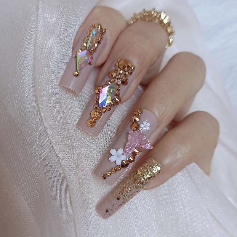 ZYBUXY luxury coffin fake nails,24pcs Khaki press on nails Full Cover Acrylic Nails for Women and Girls False Nails