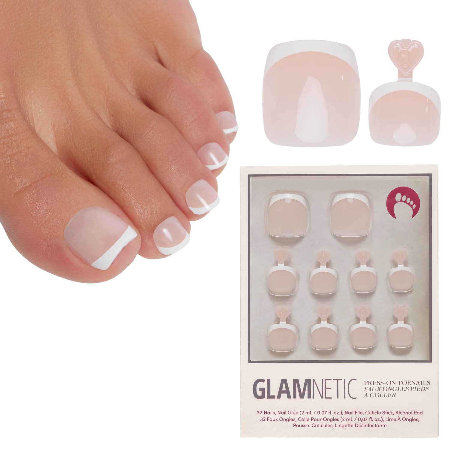 Glamnetic Press On Toenails - Natural Fake Nails | Classic White French Tip Press On Toenails, Salon Quality Press On Nails Kit with Glue | Ma Damn - 32 Nail Set in 16 Sizes