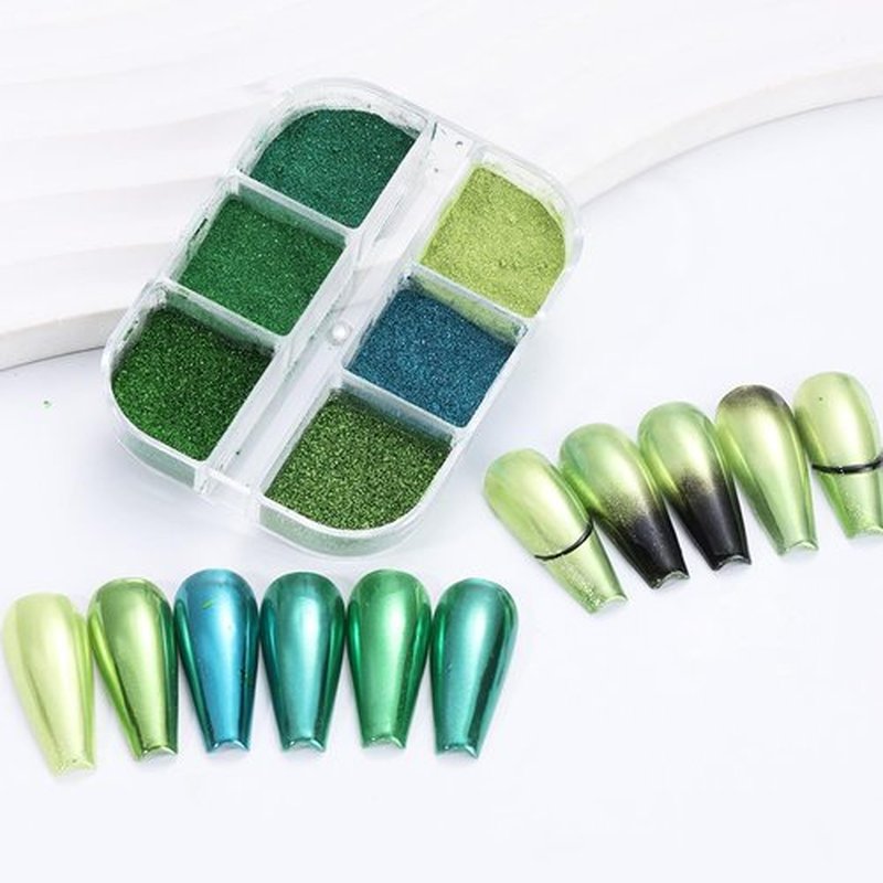 6 Grid Green Chrome Nail Powder, Iridescent Aurora Pearl Powder Metallic Mirror Effect Pigment Pearlescent Mermaid Pigment Pearl Glitter Dust Kit, Nail Art Decoration, Resin Craft (05_Green)