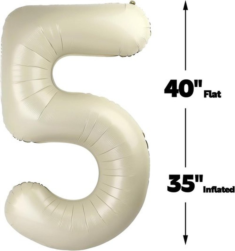 Large Number 5 Birthday Balloon - Cream White Foil Mylar for 5th, 15th, 25th, 35th Celebrations