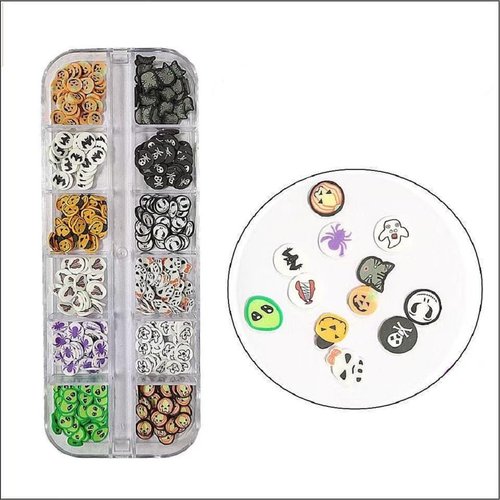 2 Boxes Halloween Nail Charms 3D Ghost Pumpkin Face Spider Web Bat Skull Spider Nail Art Supplies Decorations Halloween Nail Art Charms for Women (24 Grids)
