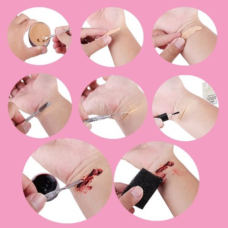 MEICOLY 5 Pcs Scars Wax SFX Special Effects Makeup Kit,Halloween Fake Blood,Face Putty Wound Modeling Wax(1.67Oz) with Spatula, Stipple Sponge, Scab Coagulated Blood Gel(1.06Oz),5ml Castor Sealer