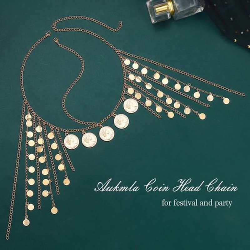 Aukmla Coins Head Chain Jewerly Gold Sequin Tassel Hair Chains Festival Costume Headband Hair Accessories for Women and Girls