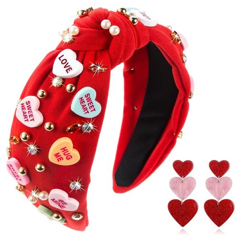 Gosuoa Valentine's Day Headband for Women,knotted Headband for Women,Red Pink Jeweled Rhinestone Crystal Top Knot Headband Valentine’s Day Hair Accessories for Girls Women