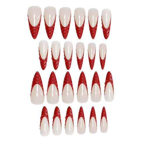 Long Press on Nails Stiletto Xl Fake Nails Red French Tips False Nails with 3D Design Nails Glossy Acrylic Nail for Women 24pcs