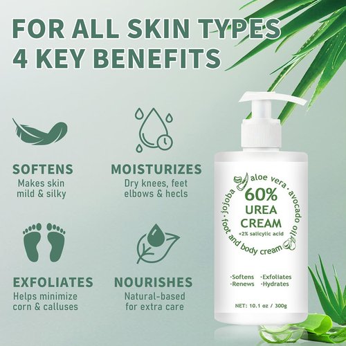 60% Urea Cream Maximum Strength, 10.1 oz - Foot & Hand Cream for Dry Cracked Skin, Callus Remover, with 2% Salicylic Acid - Deep Moisturizer for Cracked Heels, Rough Elbows & Knees - Fast Absorbing