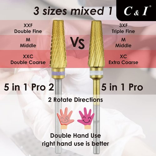 C & I 5 in 1 Nail Drill Bit, Mixed Sizes Edition, Cross Teeth, 2 Way, Professional Multi-function Nail Drills for Electric Manicure Drill Machine, Shank 3/32” (Pro2)